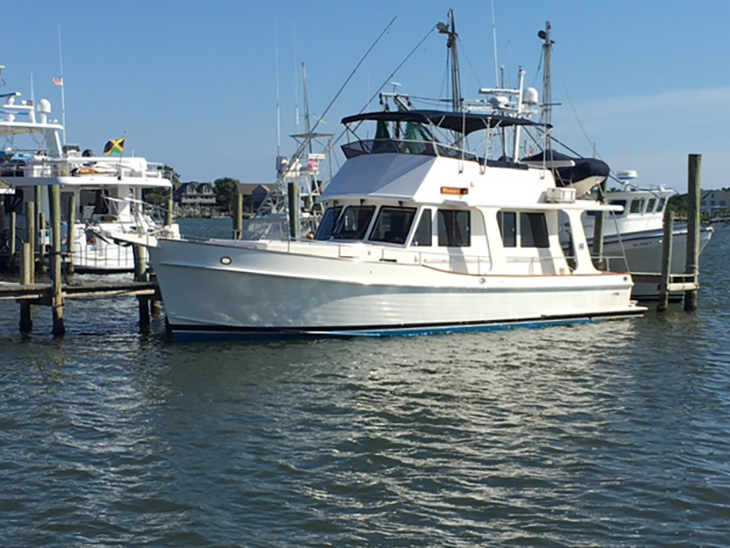 Nanuk, Grand Banks 46 Europa, at the dock in Ocracoke Harbor, NC