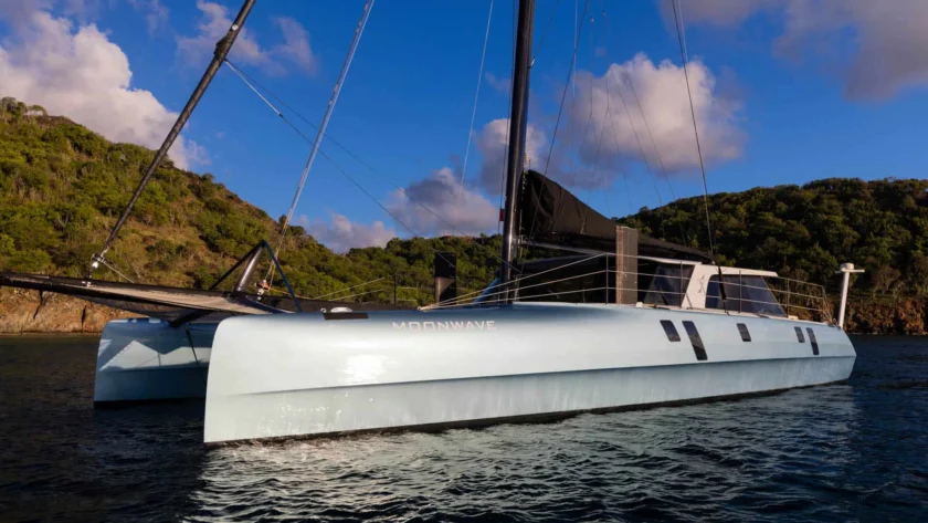 2012 Gunboat 60 port side profile on mooring.