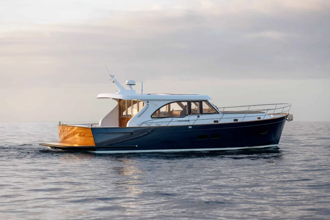 Duchy 45 motor yacht, starboard side quarter view.