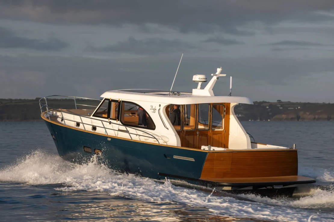 Duchy 45 motor yacht, view of boat from the transom.