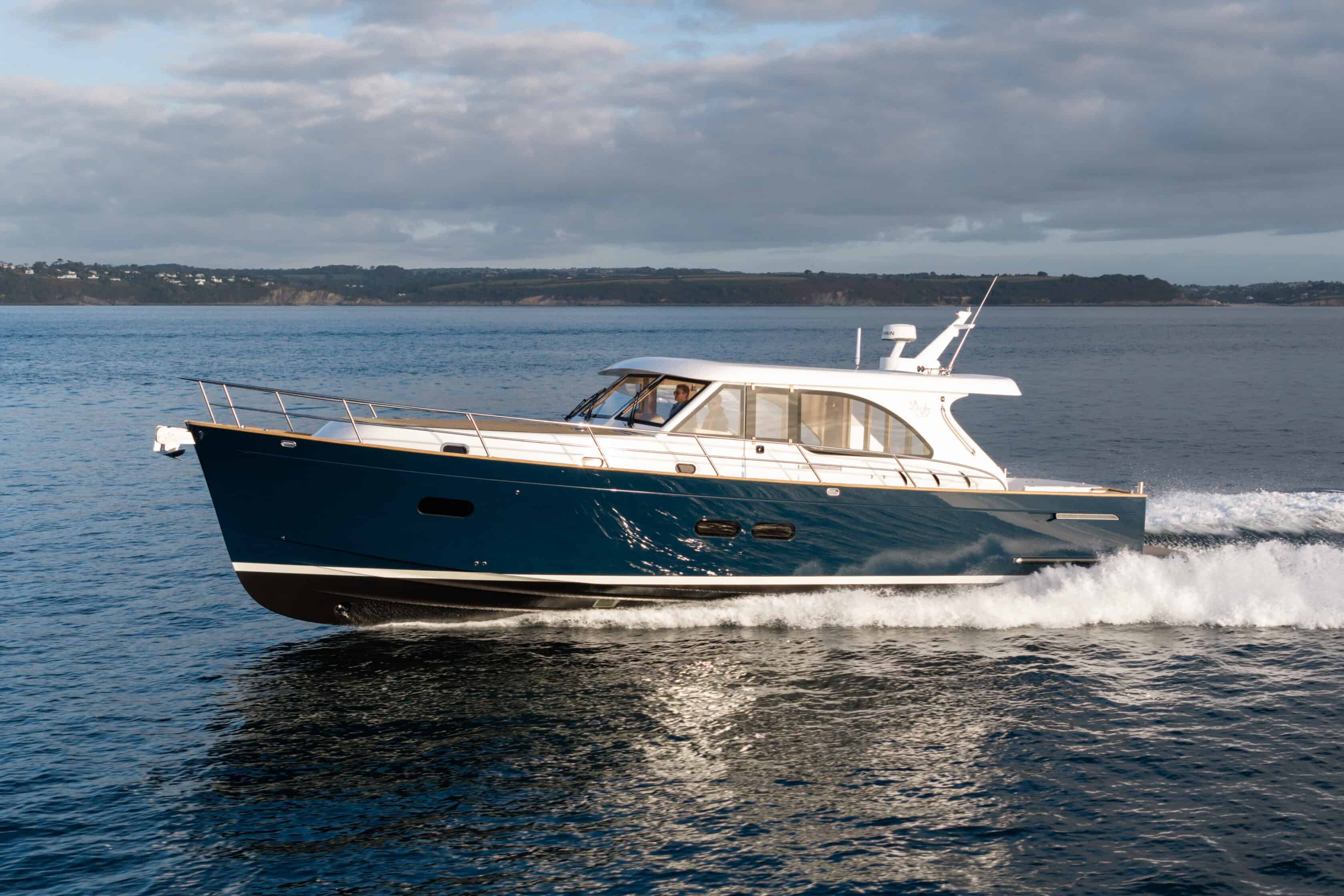 Duchy 45, view of port side while cruising on the ocean.