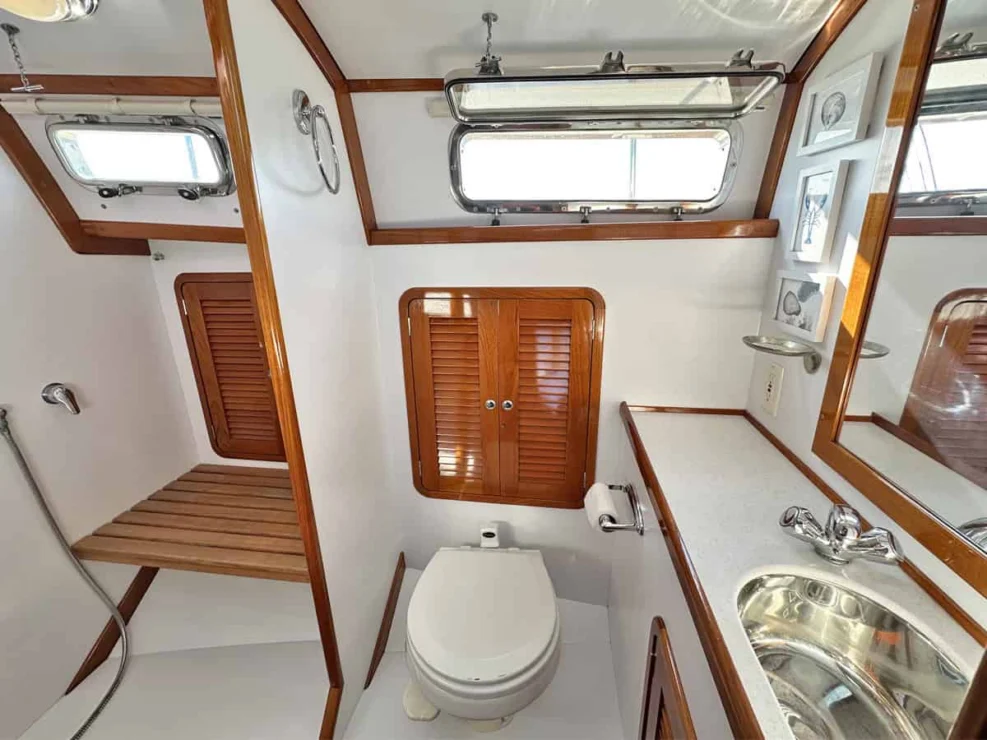 Image of REPETE, 2004 Bruckmann Bluestar 37's head , vanity and shower.