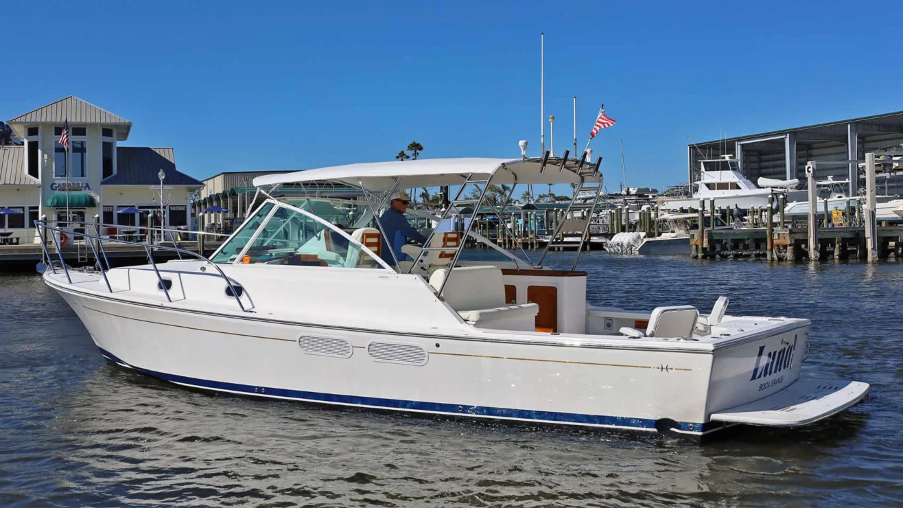 2013 Hunt Harrier, Luna, at rest on a mooring.