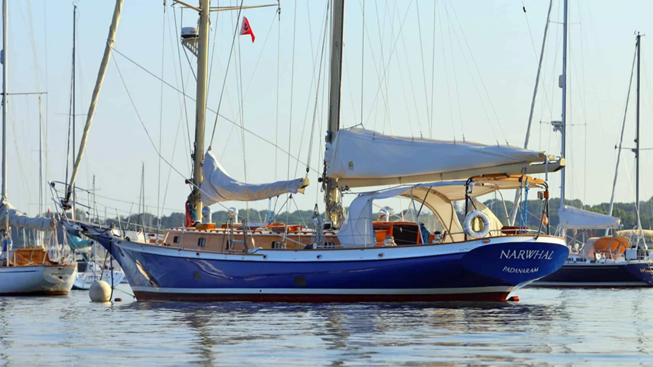1986 Cherubini Schooner 48 port side quarter view at rest.