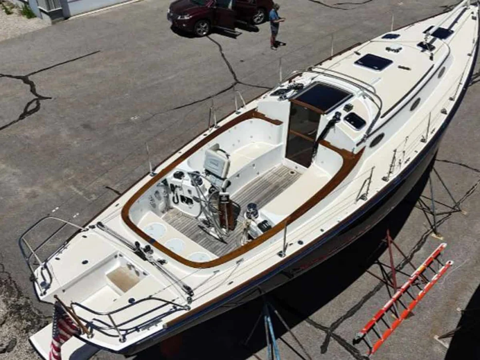 Elevated overhead view of the 2017 Alerion 41 deck and cockpit layout while stored in the boatyard.