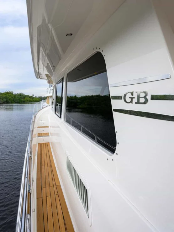 Front view of the bow deck and forward windshield on the Grand Banks 60 long-range cruiser
