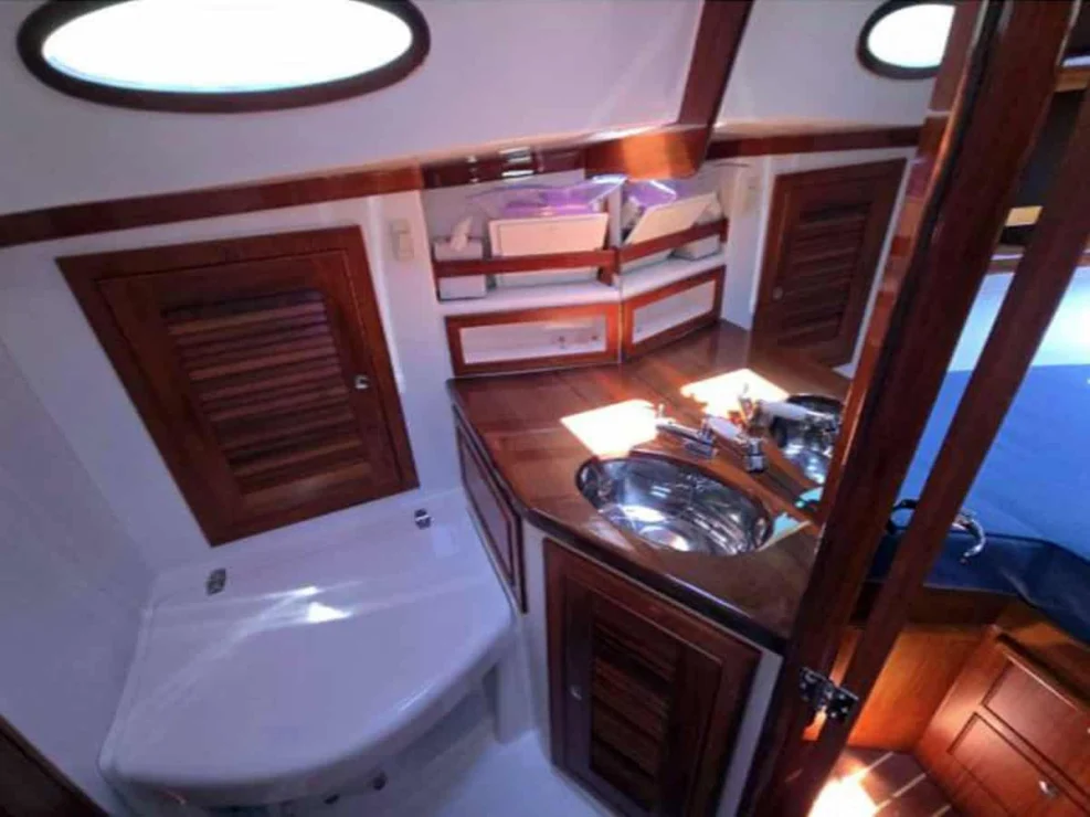 Marine head on the Alerion 41 sailboat, showing a stainless steel oval sink, Corian vanity, and electric toilet area.