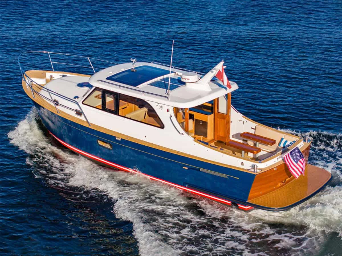 Duchy 35 motor yacht port side quarter view.
