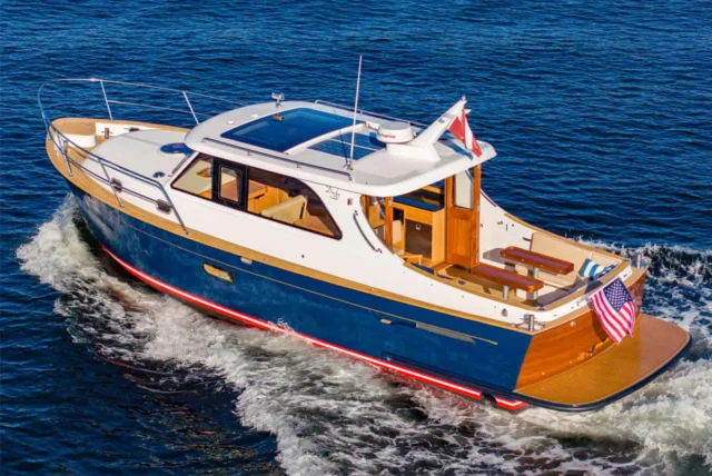 Duchy 35 motor yacht port side quarter view.