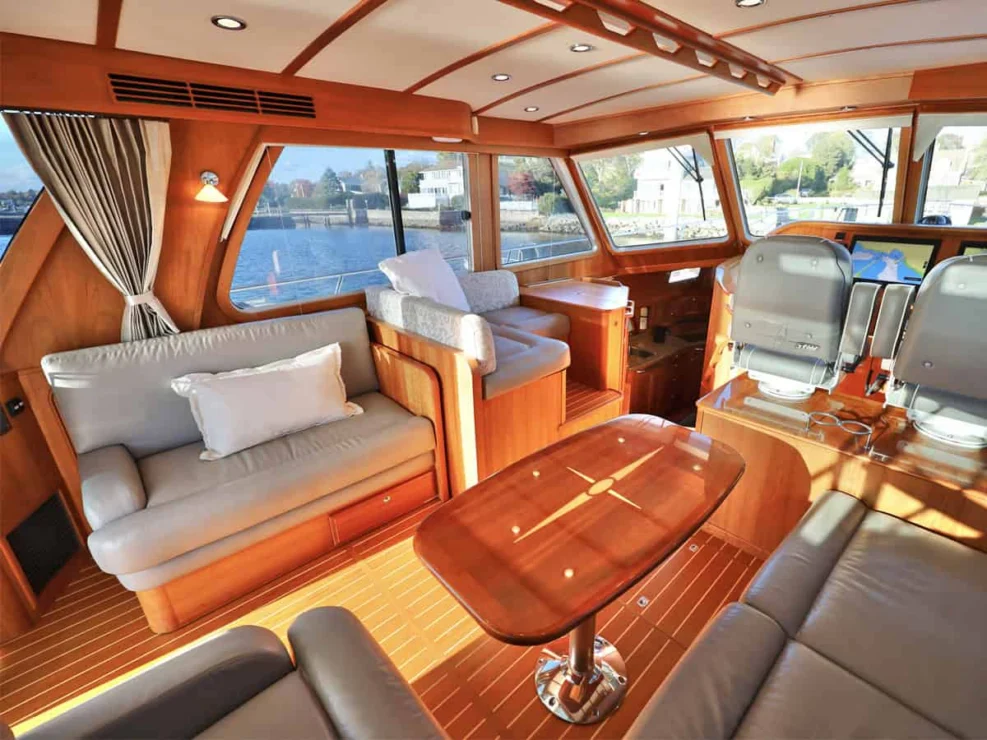 2018 Sabre 48 Flybridge Defy Gravity, salon looking forward.