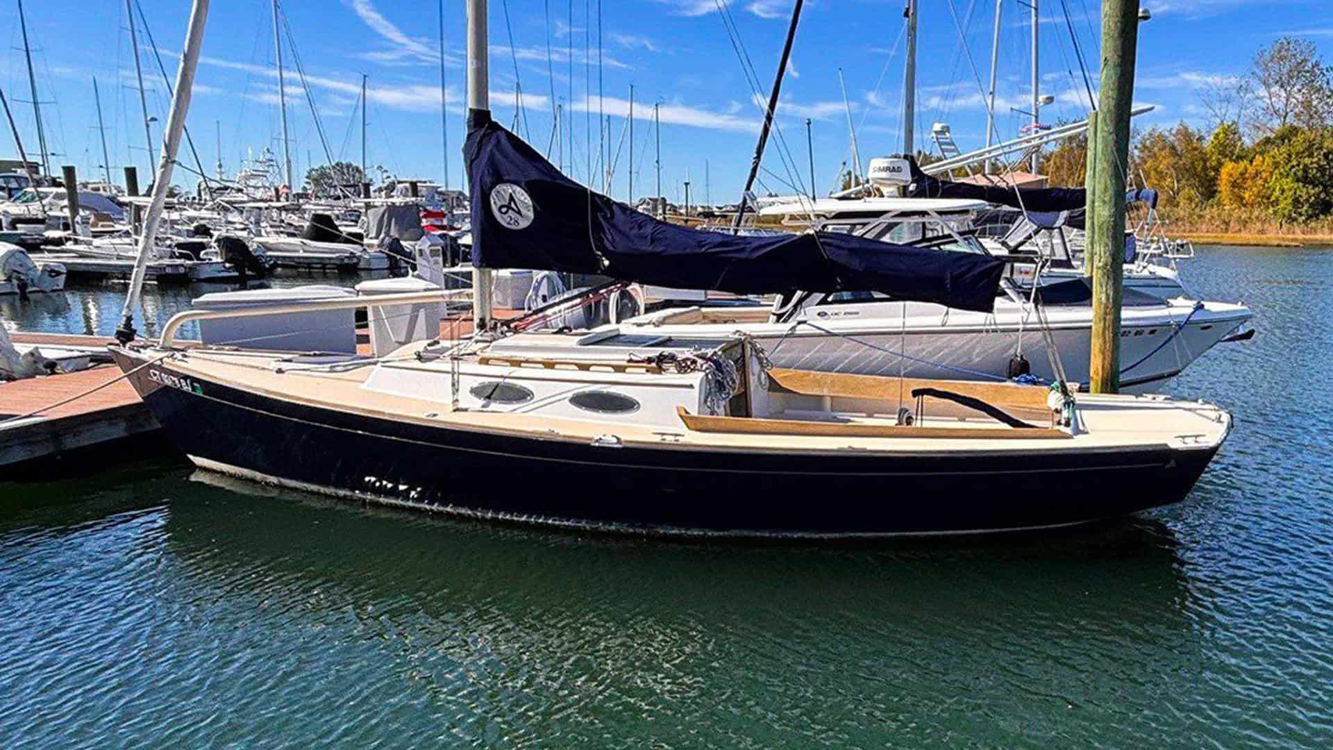 2016 Alerion Express 28, "Mavis", port side profile on the dock.