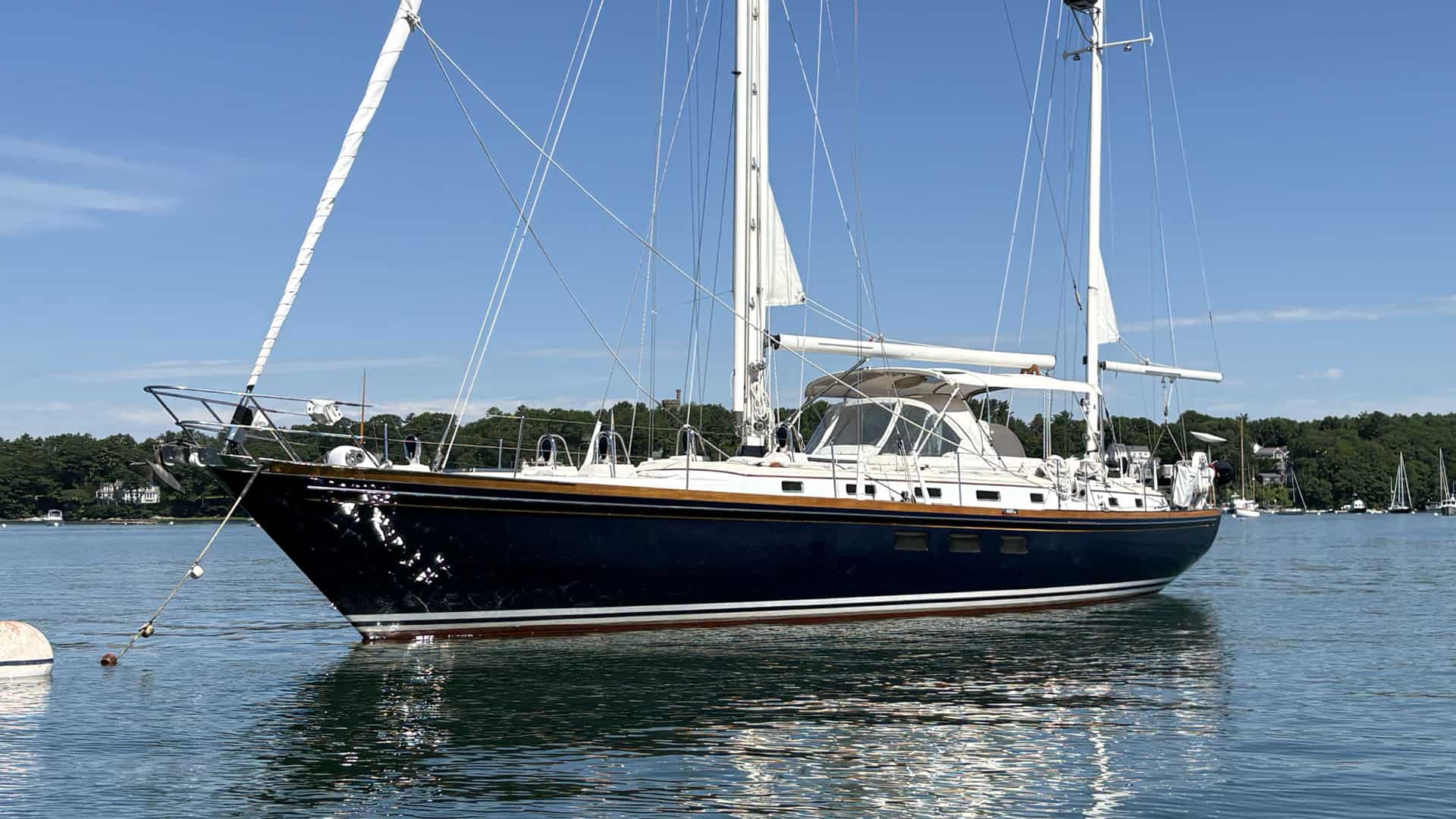 Little Harbor 53 at rest on mooring.