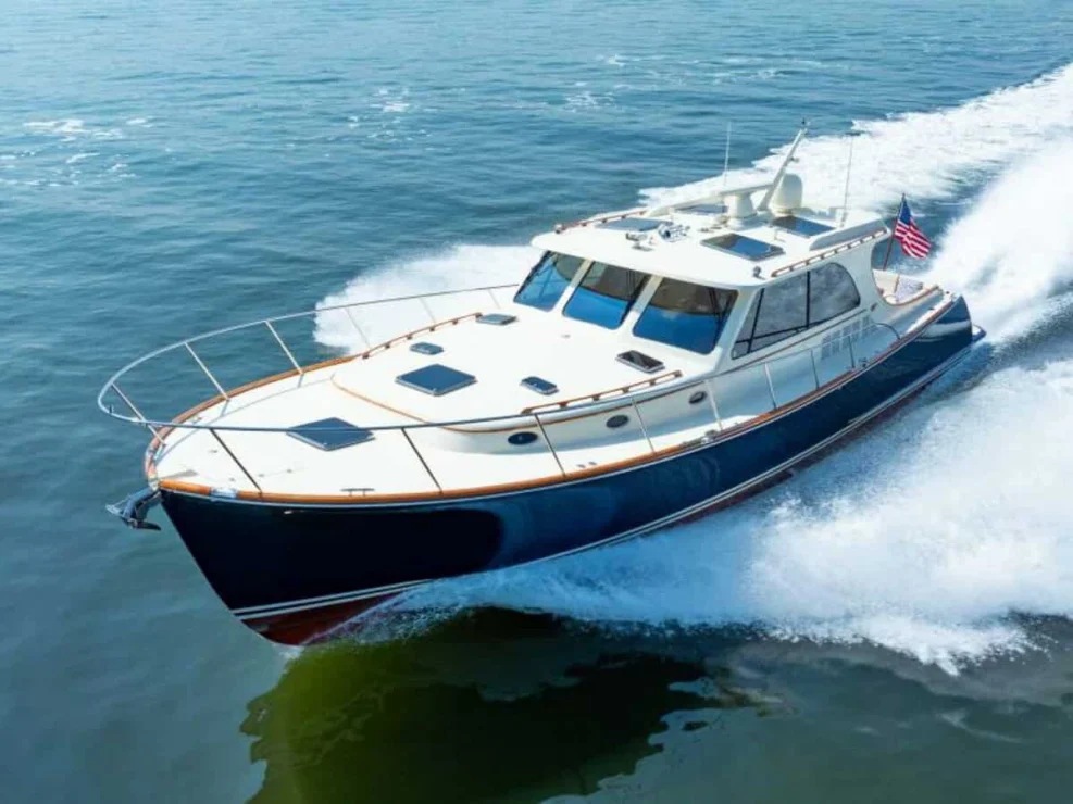 2012 Hinckley Talaria 48 "Concerto In Sea" view from bow cruising through water.