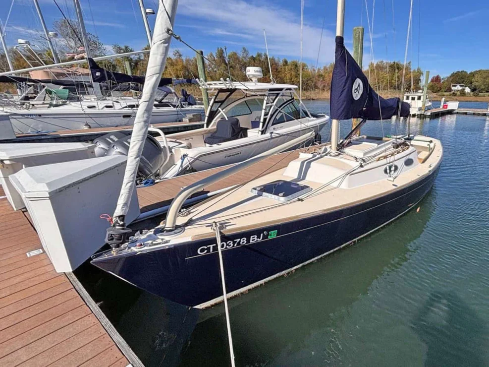 2016 Alerion Express 28, "Mavis", view from bow at the dock.