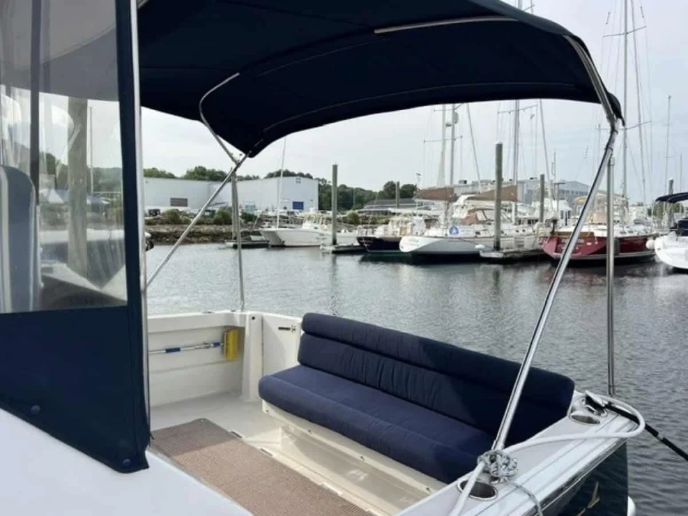 2008 Back Cove 33 "Better Together" cockpit with bimini looking aft.
