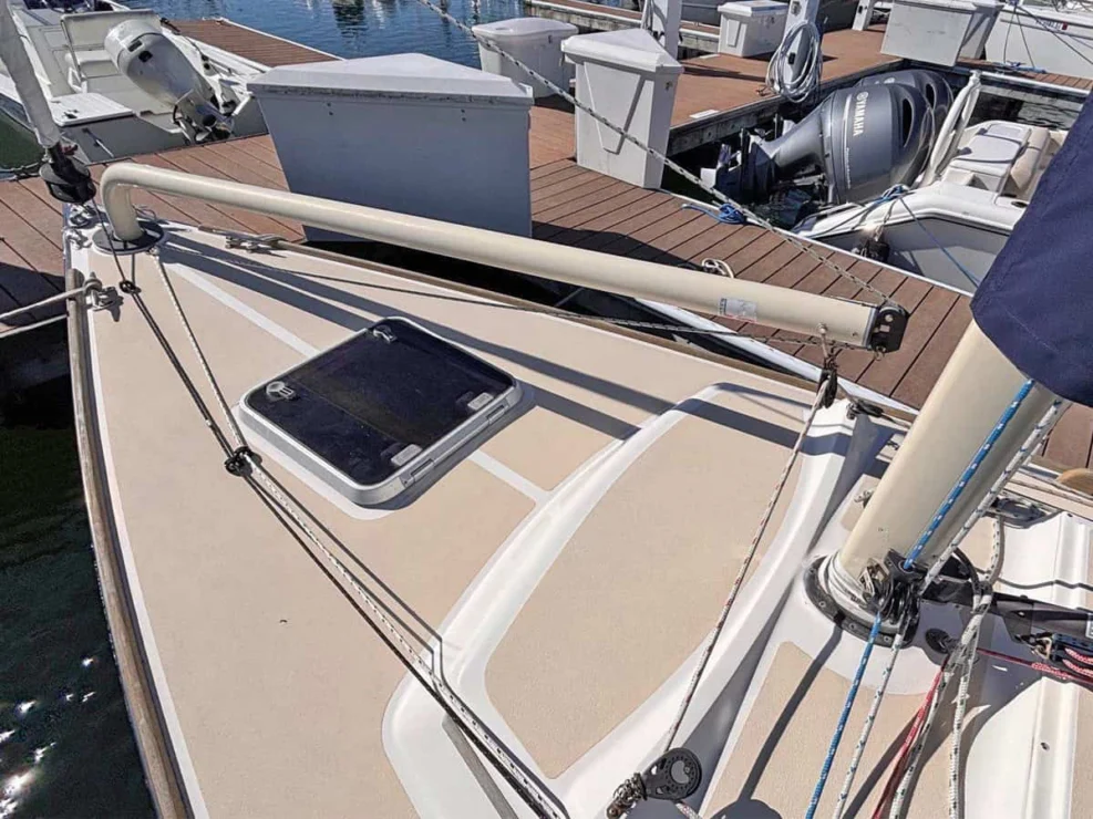 2016 Alerion Express 28, "Mavis", bow looking forward.