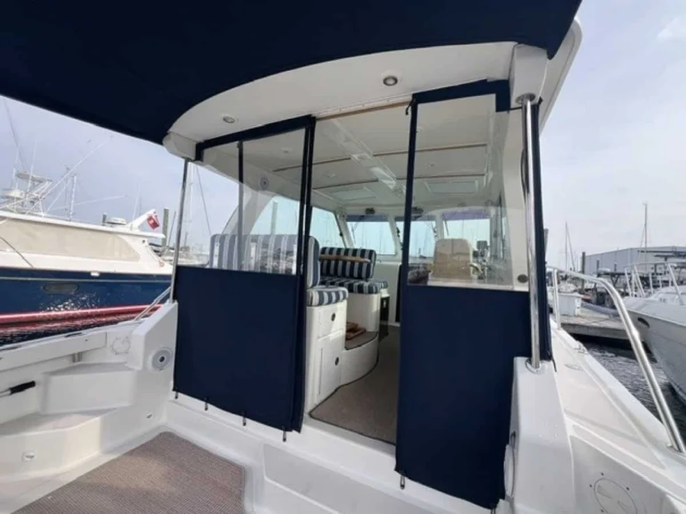 2008 Back Cove 33 "Better Together" looking from cockpit into helm deck.