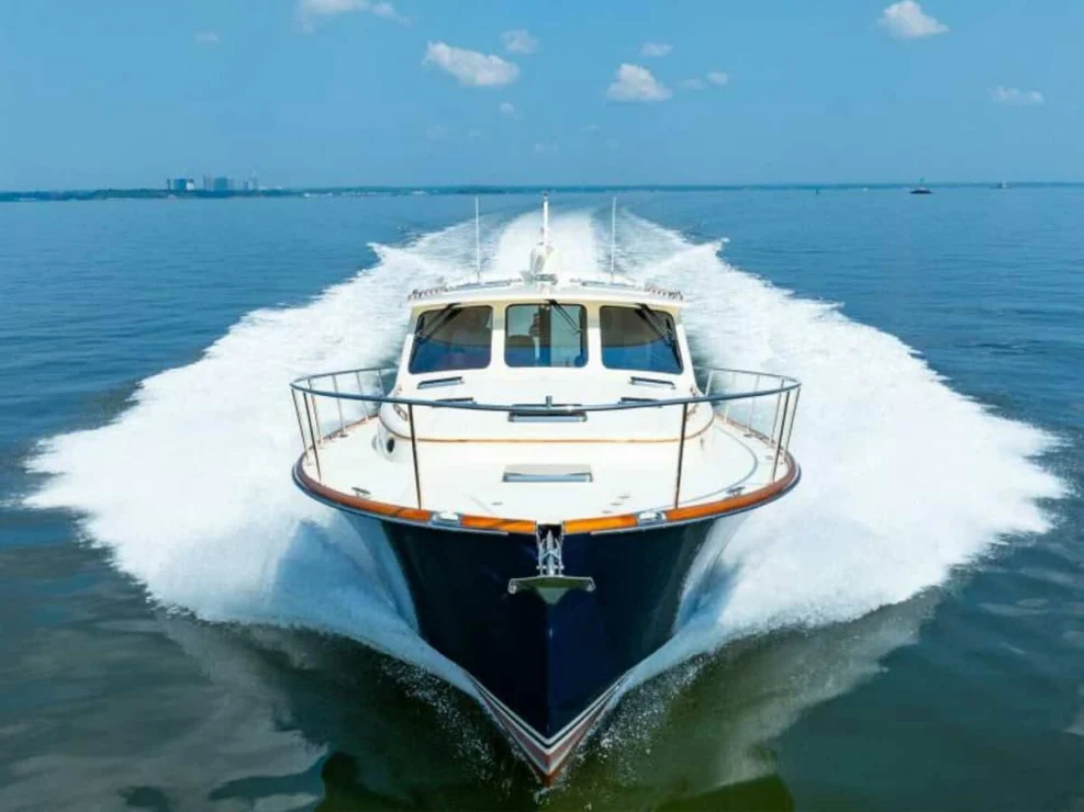 2012 Hinckley Talaria 48 "Concerto In Sea" bow straight on view.
