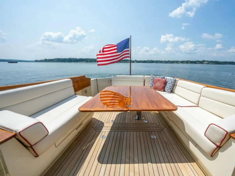 2012 Hinckley Talaria 48 "Concerto In Sea" cockpit table open.