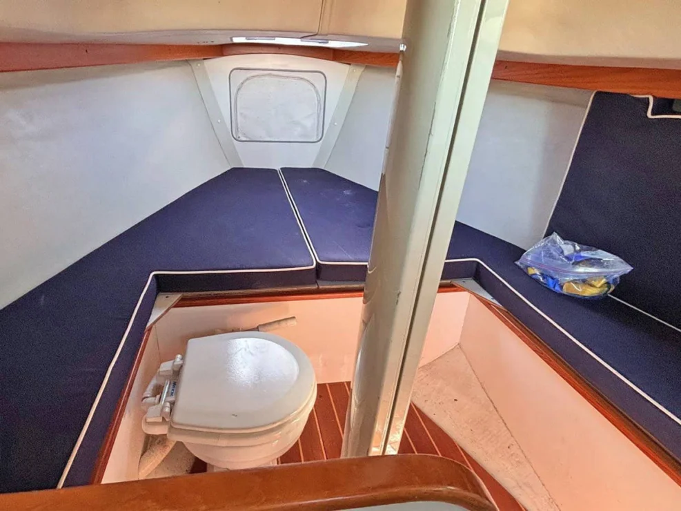 2016 Alerion Express 28, "Mavis", head under berth filler.