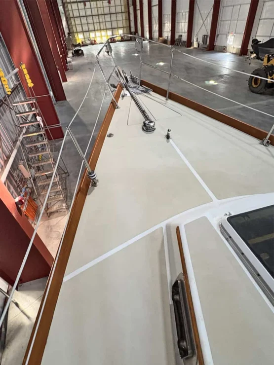 Bristol 47.7, North Star, view of foredeck, boat stored in shed.