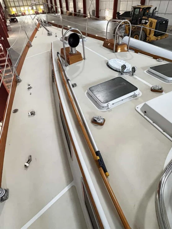 Bristol 47.7, North Star, looking forward, boat in the shed.