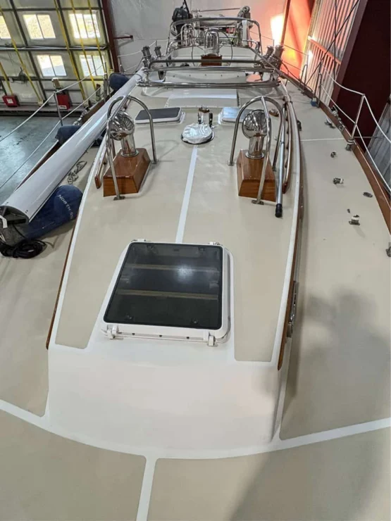 Bristol 47.7, North Star, looking aft, boat in the shed.