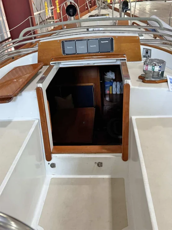 Bristol 47.7, North Star, companion way, boat in the shed.