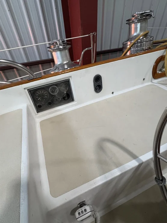 Bristol 47.7, North Star, view of cockpit port side, boat in the shed.