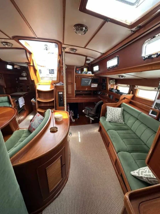 Little Harbor 53 view of main salon looking aft.