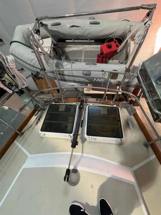 Bristol 47.7, North Star, aft deck and davits of boat in the shed.