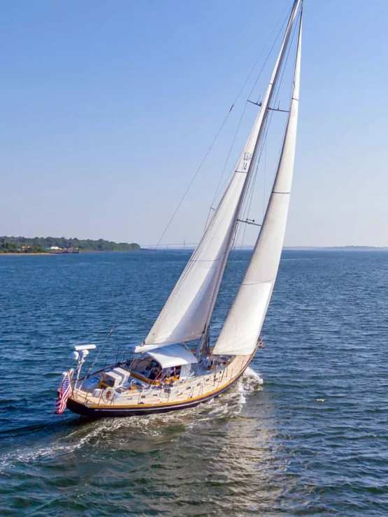 Little Harbor 60 Moonracer aerial leeward quarter upwind.