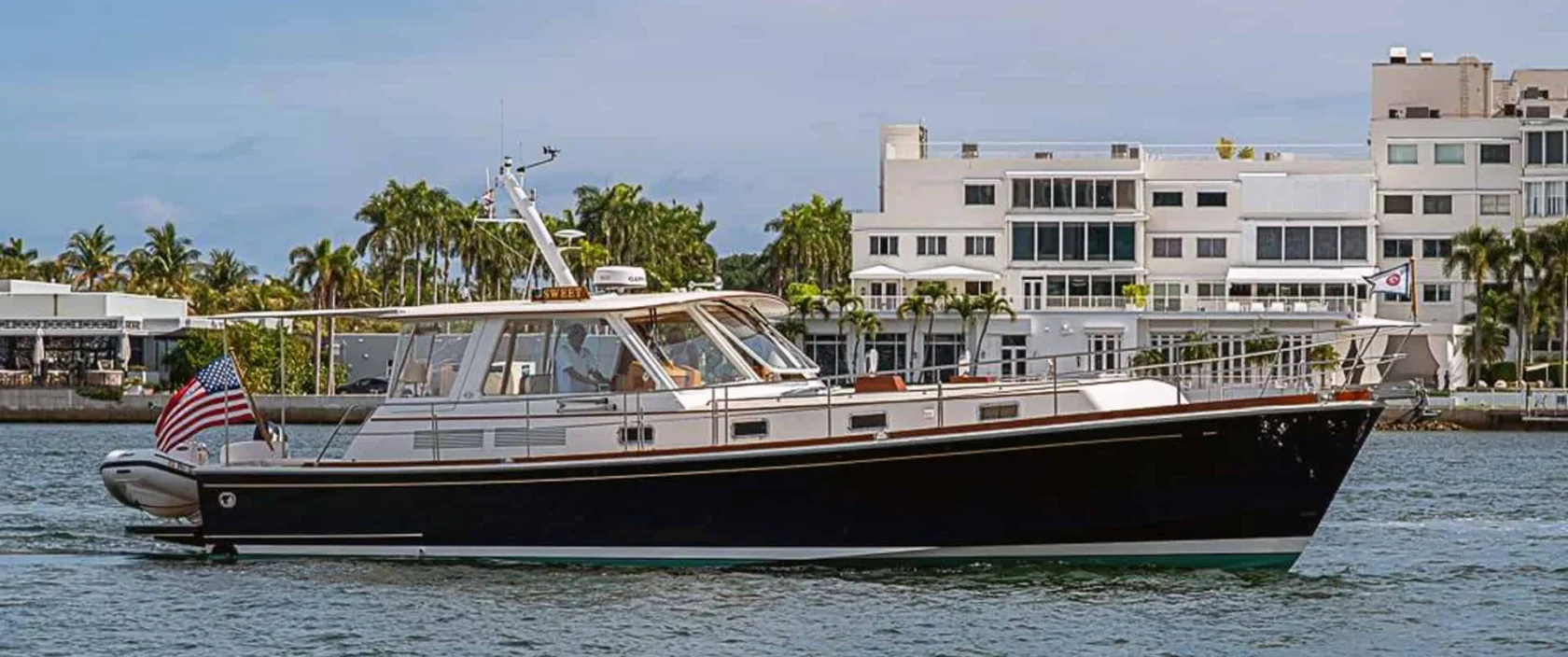 2001 Grand Banks Eastbay 46 Sweet starboard side profile on water.