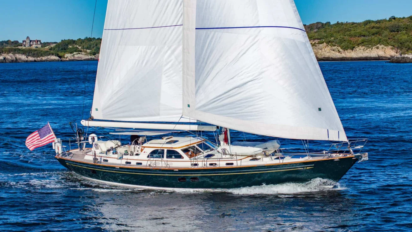 Lyman Morse 63 for sale, starboard beam under sail.