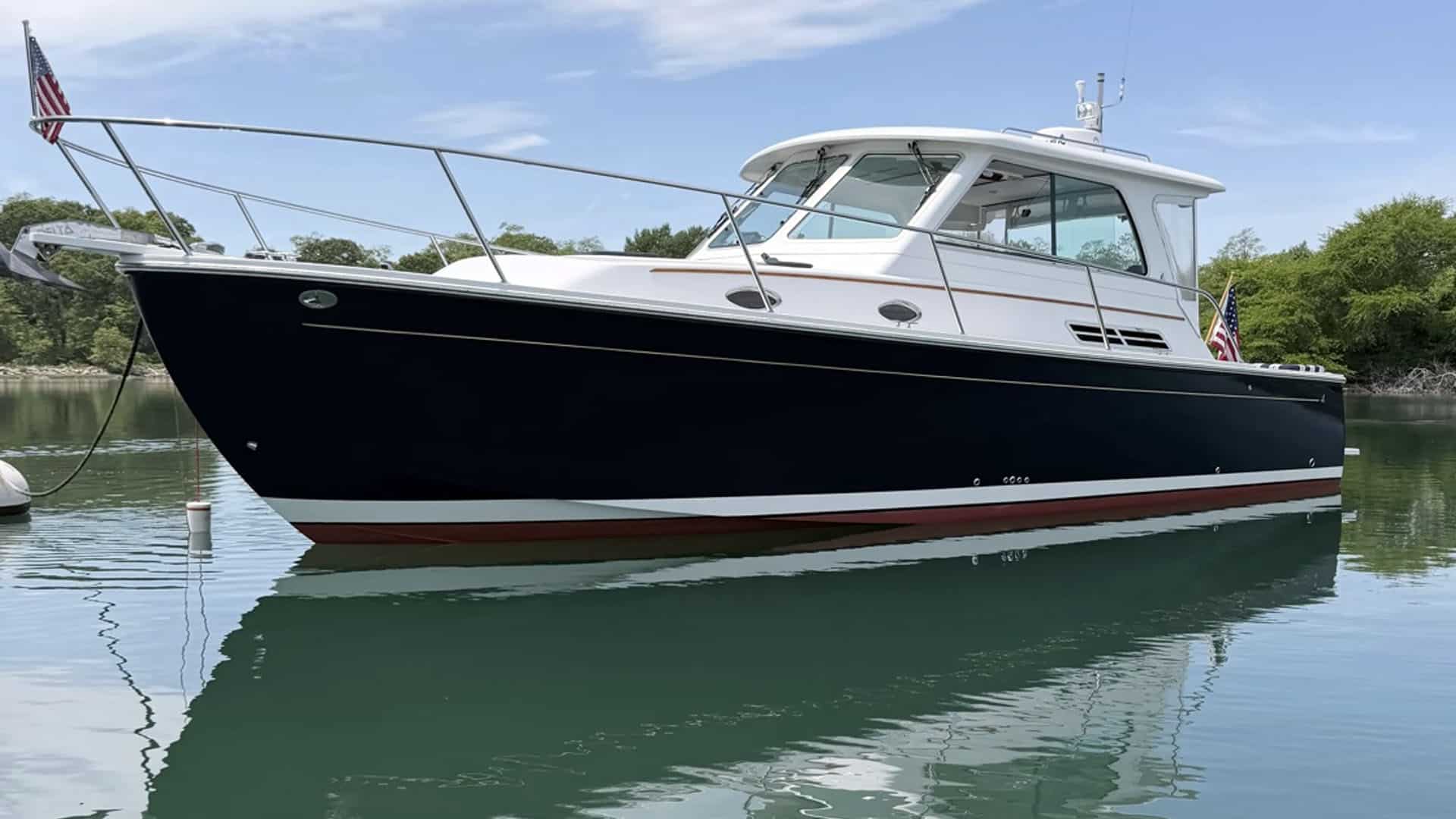 2010 Back Cove 33 for sale, view from bow on a mooring.