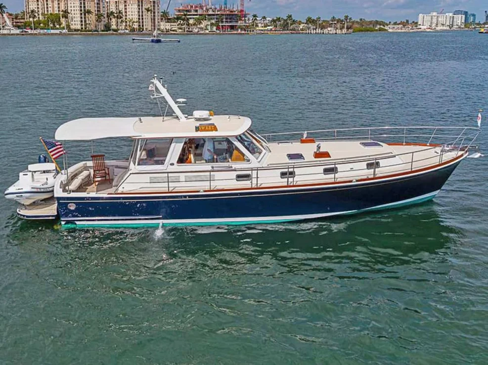 2001 Grand Banks Eastbay 46 Sweet aerial provile view in the water.