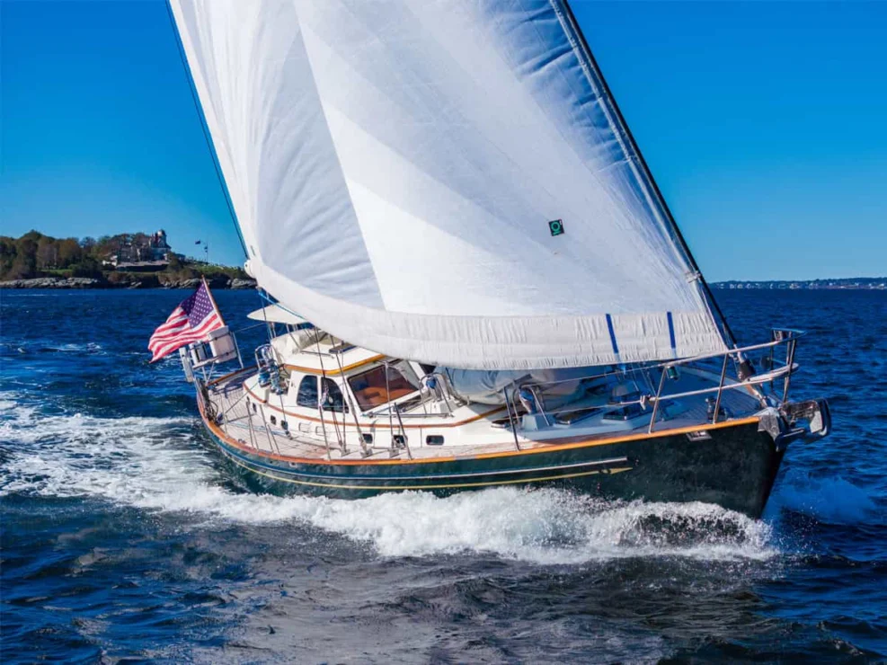 Lyman Morse 63 for sale, leeward bow.