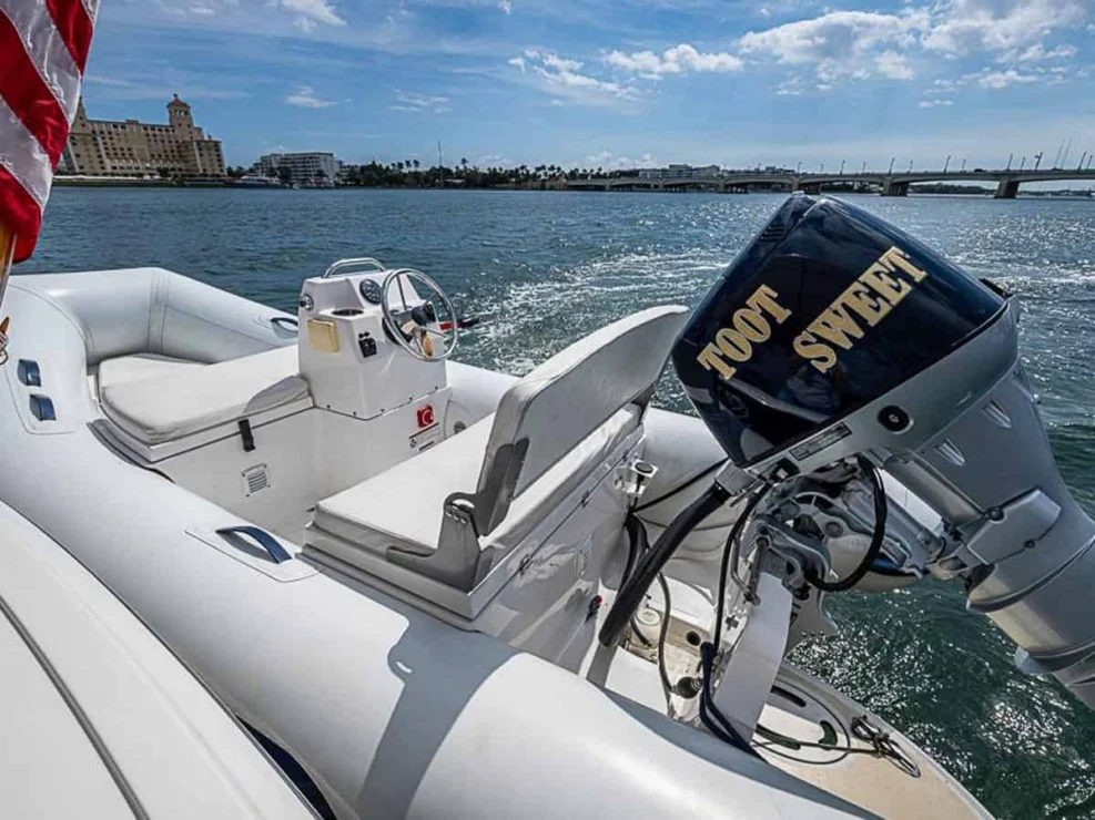 2001 Grand Banks Eastbay 46 Sweet tender and outboard attached to swim platform.