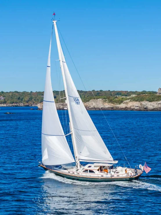 Lyman Morse 63 for sale, aerial view under blue skies.