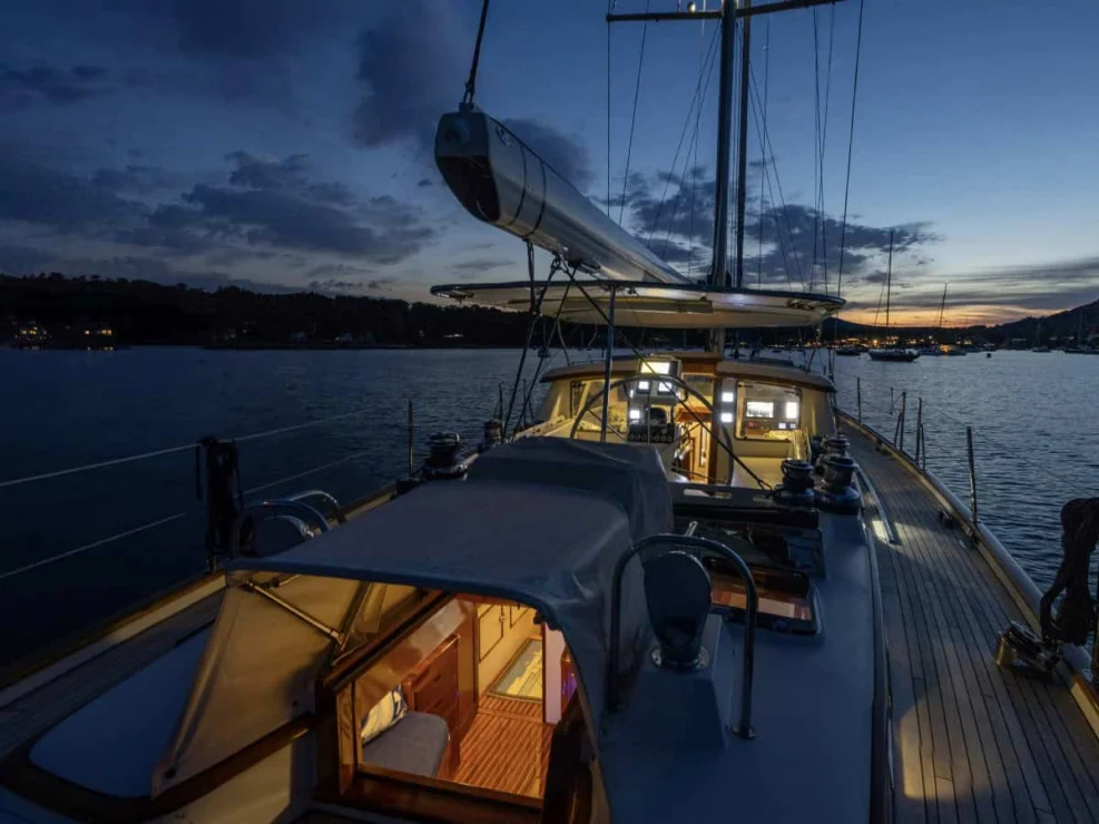 2001 Lyman Morse 63 for sale, looking forward at sunset.