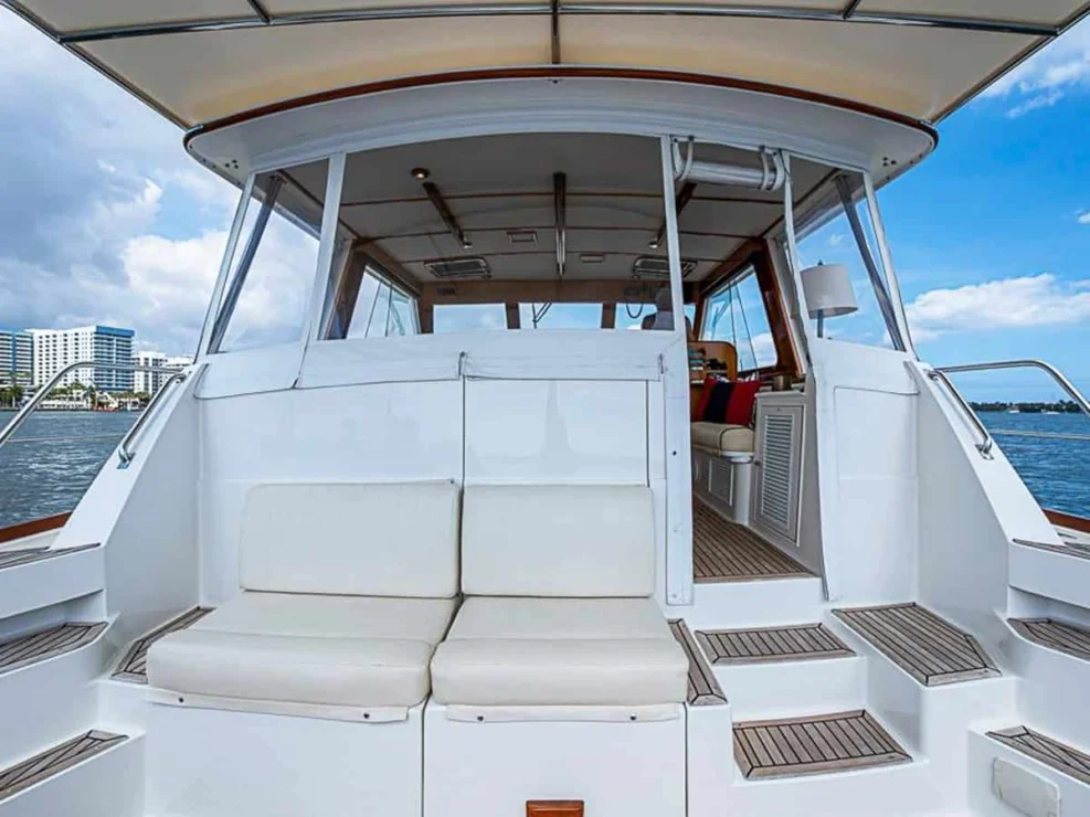 2001 Grand Banks Eastbay 46 Sweet cockpit seating under bimini sureshade.