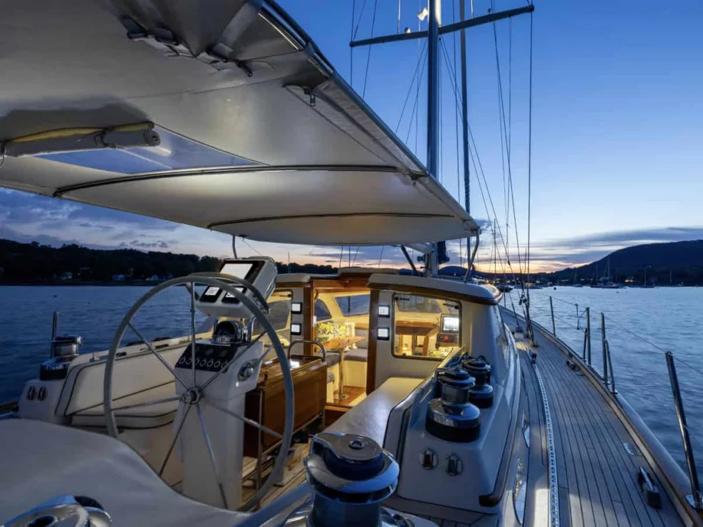 2001 Lyman Morse 63 for sale, view of cockpit at sunset.