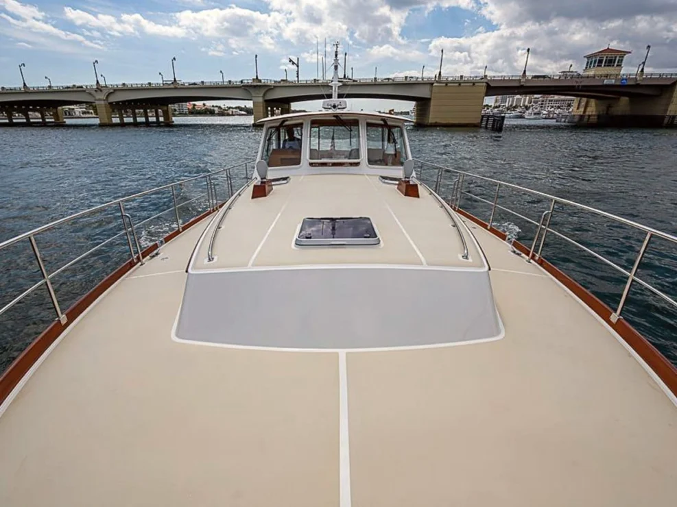 2001 Grand Banks Eastbay 46 Sweet foredeck looking aft to pilothouse trunk.