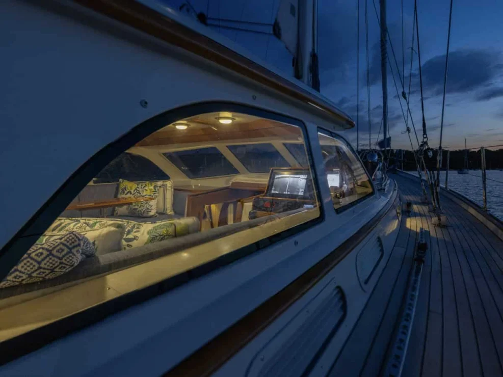 2001 Lyman Morse 63 for sale, view of pilothouse at sunset.
