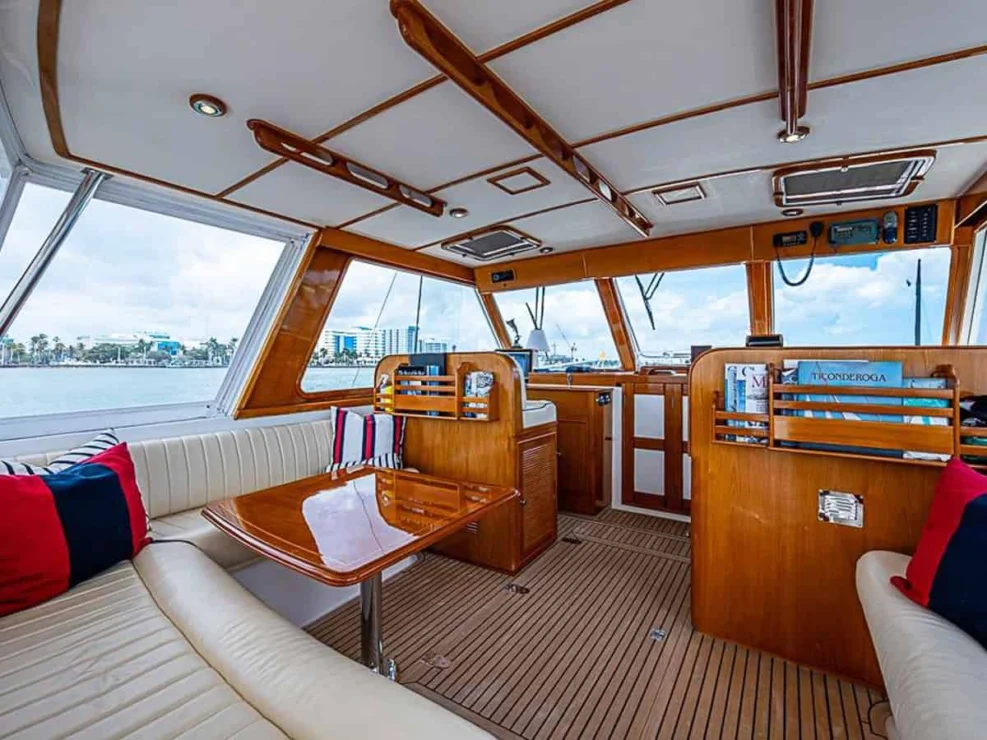 2001 Grand Banks Eastbay 46 Sweet pilothouse from cockpit looking forward to helm area.