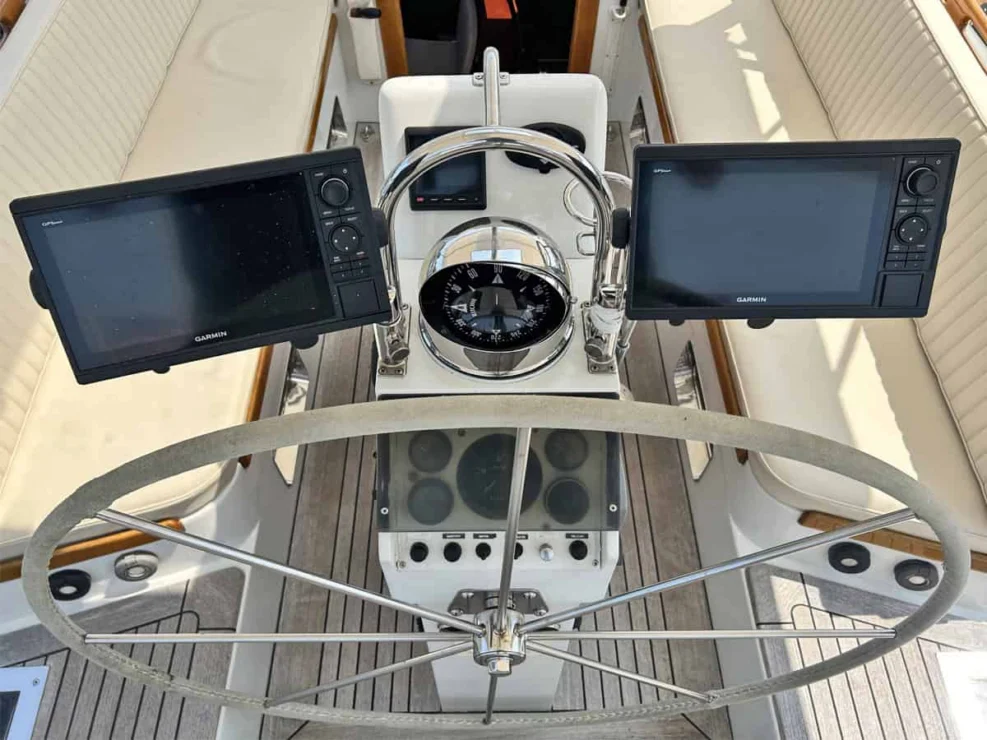 1994 Little Harbor 60 for sale - helm and binnacle in cockpit.
