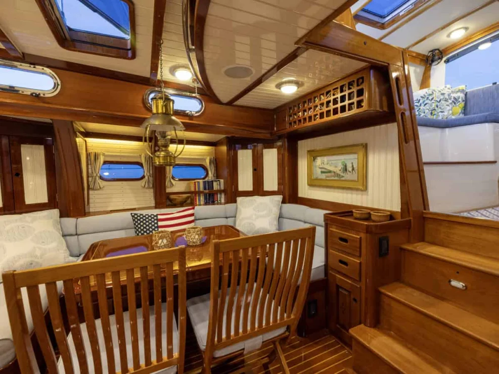 2001 Lyman Morse 63 for sale, view of main salon looking aft.