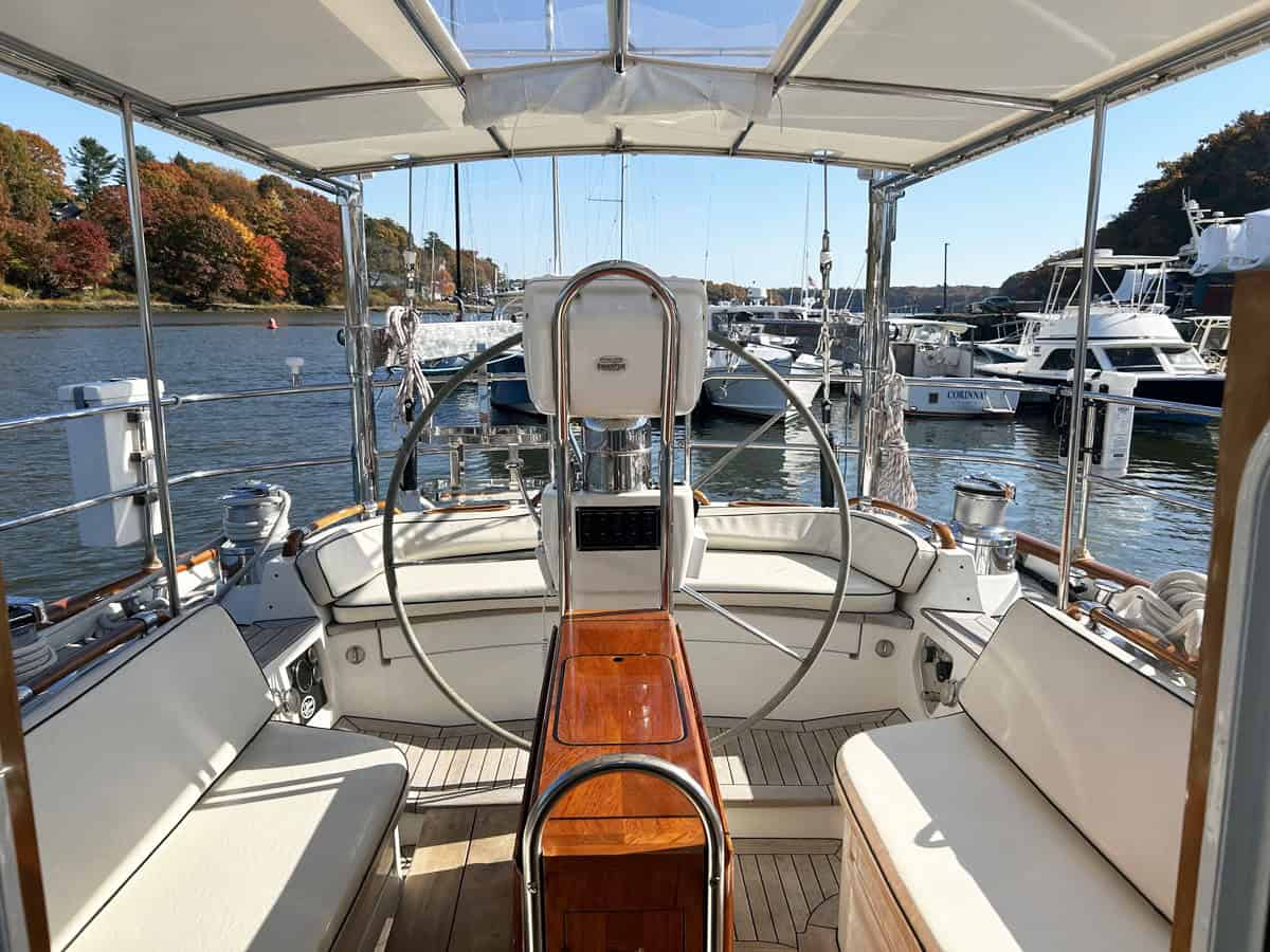 2000 Lyman Morse 65 for sale, view of cockpit looking aft.