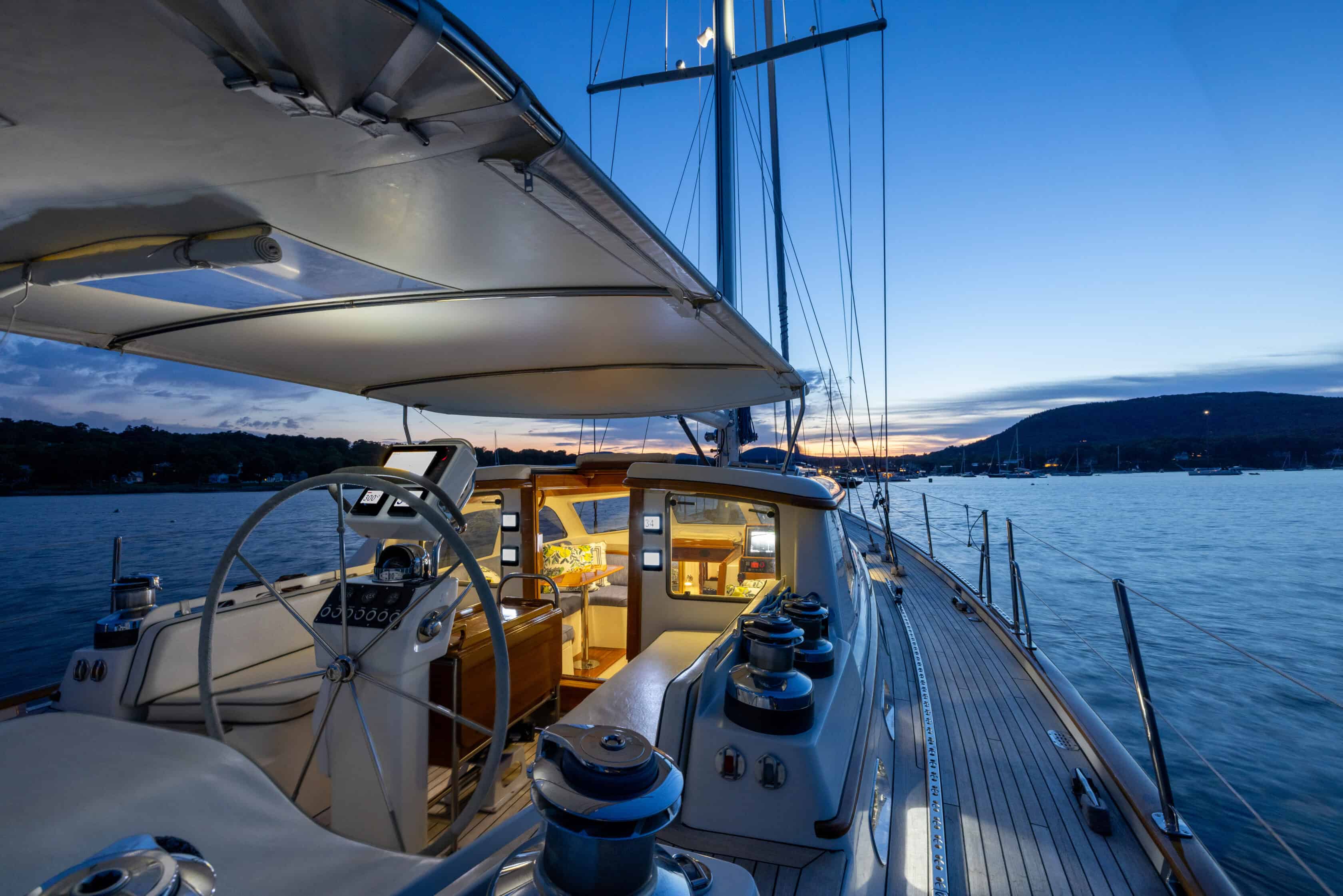 2001 Lyman Morse 63 for sale, view of cockpit at sunset.