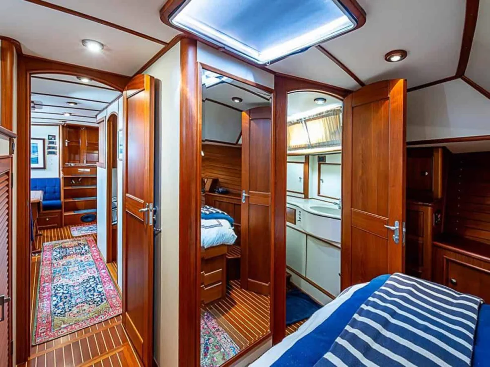 2001 Grand Banks Eastbay 46 Sweet primary stateroom looking aft to salon, guest stateroom and ensuite head.